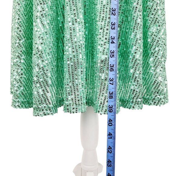 One-Shoulder Light Green Sequined Dress With Ribbon Waist Flowing Skirt Size M - Picture 6 of 12